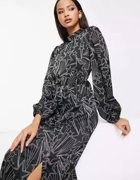 Черное платье миди с длинными рукавами и принтом звезд New Look