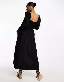 Черное платье миди с длинными рукавами и присборенными рукавами New Look