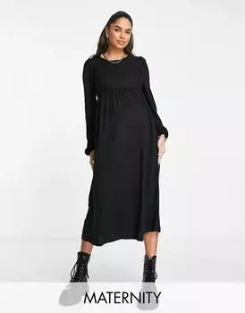 Черное платье миди с длинными рукавами и присборенным лифом Mama.licious Maternity