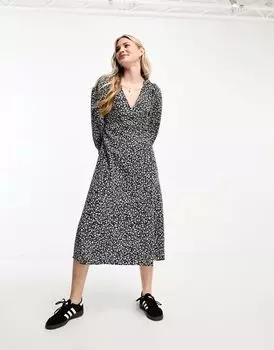 Черное платье миди с длинными рукавами Monki, разноцветным луговым мотивом и V-образным вырезом