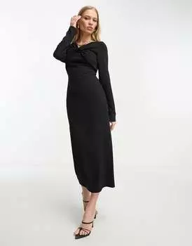 Черное платье миди с длинными рукавами и закрученным вырезом ASOS DESIGN