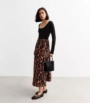 Черное платье-миди с длинными рукавами и леопардовым принтом New Look, черный