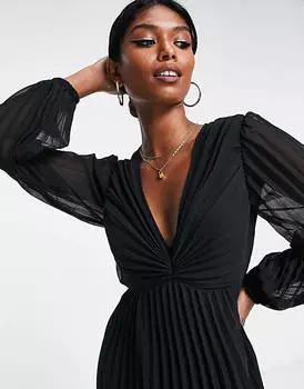 Черное платье миди с глубоким вырезом и плиссированным лифом ASOS DESIGN