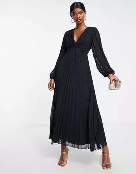 Черное платье миди с глубоким вырезом и плиссированным лифом ASOS DESIGN