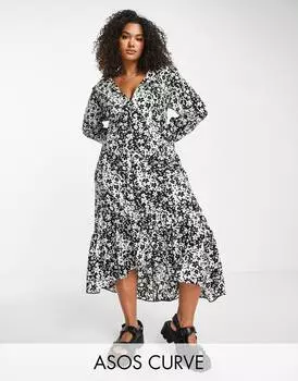 Черное платье миди с глубоким вырезом и цветочным принтом ASOS DESIGN Curve