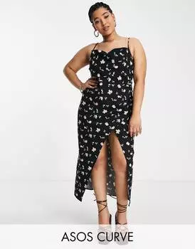 Черное платье миди с хомутом и сборками по бокам ASOS DESIGN Curve Curve