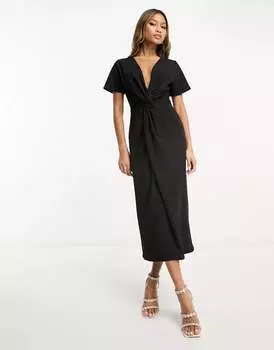 Черное платье миди с короткими рукавами и крест-накрест ASOS