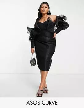 Черное платье миди с кружевом и вырезом на спине ASOS LUXE Curve