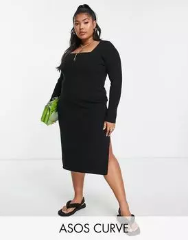 Черное платье миди с квадратным вырезом от ASOS DESIGN Curve ASOS