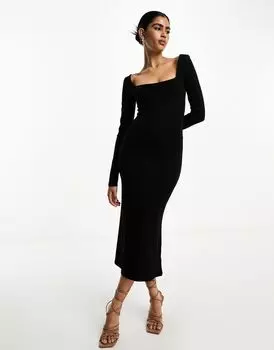 Черное платье миди с квадратным вырезом и длинными рукавами ASOS DESIGN
