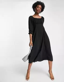 Черное платье миди с квадратным вырезом и сборками ASOS DESIGN