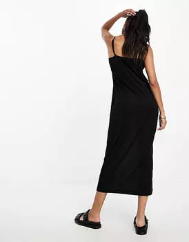 Черное платье миди с квадратными бретелями и квадратными бретелями Pieces