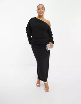 Черное платье миди с напуском и приспущенными плечами ASOS DESIGN Curve