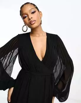 Черное платье миди с объемными рукавами и завязкой на талии ASOS