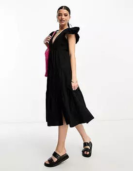 Черное платье миди с оборками и рукавами Vero Moda