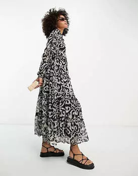 Черное платье миди с оборками и пейсли River Island
