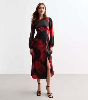 Черное платье-миди с открытой спиной и размытым цветочным принтом New Look, черный