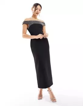 Черное платье миди с открытой вставкой и декорированной вставкой ASOS DESIGN