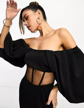 Черное платье миди с открытыми плечами и драпированными рукавами ASOS DESIGN