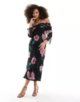 Черное платье миди с открытыми рукавами и длинными рукавами ASOS DESIGN с цветочным принтом