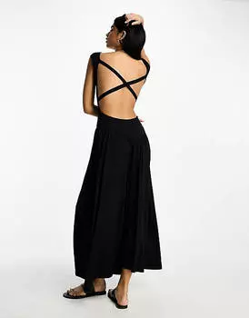 Черное платье миди с перекрещенными рукавами и объемной юбкой ASOS DESIGN