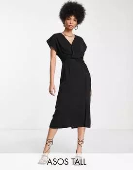 Черное платье миди с перекручиванием и драпировкой ASOS DESIGN Tall