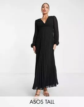 Черное платье миди с плиссированным лифом и глубоким вырезом ASOS DESIGN Tall