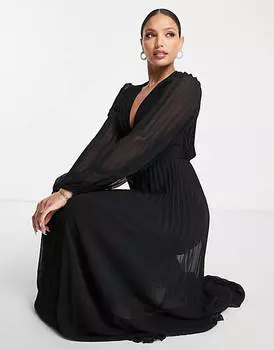 Черное платье миди с плиссированным лифом и глубоким вырезом ASOS DESIGN Tall