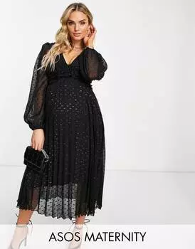 Черное платье миди с плиссировкой и сборками на талии ASOS DESIGN Maternity Maternity