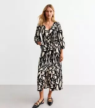 Черное платье-миди с поясом и абстрактным принтом New Look, черный