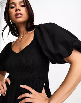 Черное платье миди с пышными рукавами и присборенным верхом New Look