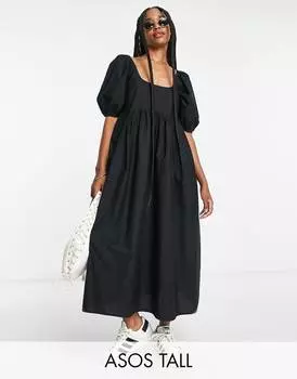 Черное платье миди с пышными рукавами и пышными рукавами из хлопка ASOS DESIGN Tall ASOS DESIGN Tall