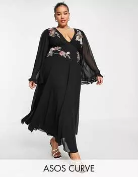 Черное платье миди с расклешенными рукавами и расклешенными рукавами ASOS DESIGN Curve