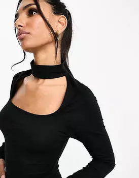 Черное платье миди с разрезом по бокам и разрезом в рубчик ASOS DESIGN