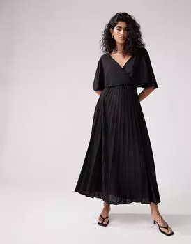 Черное платье миди с развевающимися рукавами и юбкой со складками ASOS DESIGN