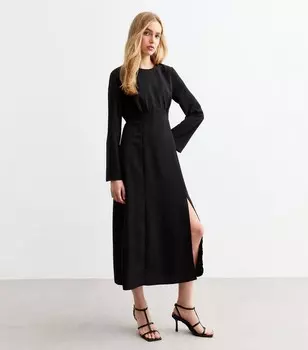Черное платье-миди с рифлеными рукавами New Look, черный