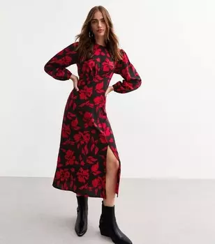 Черное платье-миди с тканым цветочным принтом и разрезом по подолу New Look, черный
