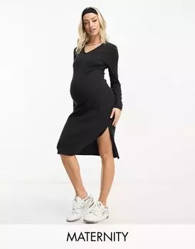 Черное платье миди с v-образным вырезом и разрезом по бокам Threadbare Maternity