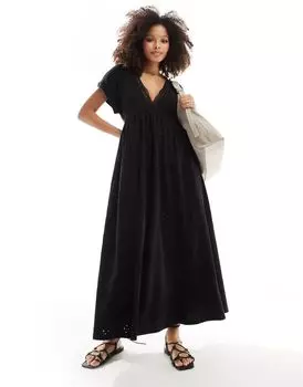 Черное платье миди с v-образным вырезом и короткими рукавами ASOS DESIGN