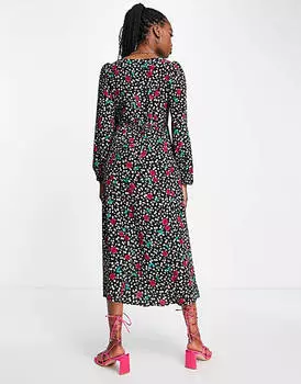 Черное платье миди с вишнёвым принтом и точечным принтом Nothing's Child Rosie