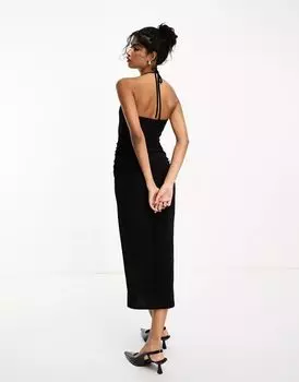 Черное платье миди с воротником-халтер и декором River Island