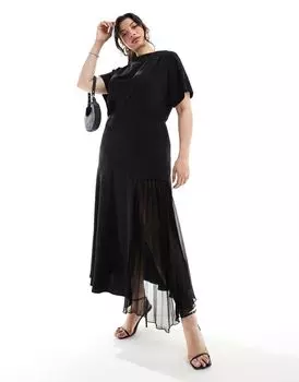 Черное платье миди с воротником-хомутом и асимметричными складками ASOS DESIGN Curve