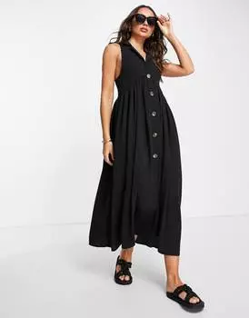 Черное платье миди с воротником и пуговицами ASOS DESIGN