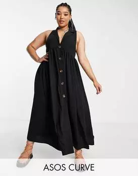 Черное платье миди с воротником и пуговицами ASOS DESIGN Curve
