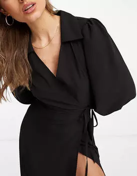 Черное платье миди с воротником и запахом ASOS DESIGN