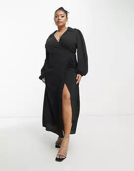 Черное платье миди с воротником и запахом ASOS DESIGN Curve