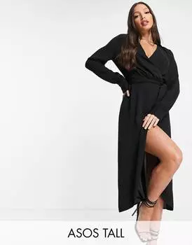 Черное платье миди с воротником и завязывающимся поясом ASOS DESIGN Tall