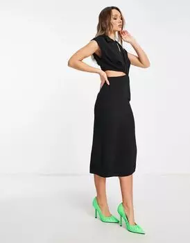 Черное платье миди с воротником, вырезом и разрезом на ногах ASOS