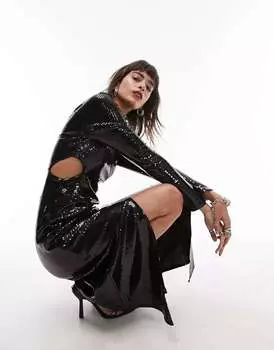 Черное платье миди с вырезами по бокам и пайетками Topshop
