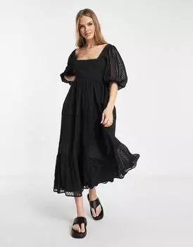 Черное платье миди с вышивкой и квадратным вырезом со шнуровкой на спине ASOS DESIGN
